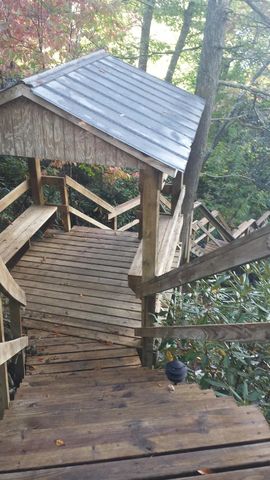 Metal roofed shelter over wooden steps on a wooded walkway — Skylight Repair & Installation work by our crew in Lonaconing